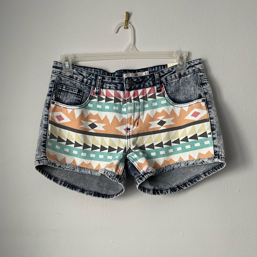 iris Acid Wash Denim Shorts with Multicolor Aztec Print